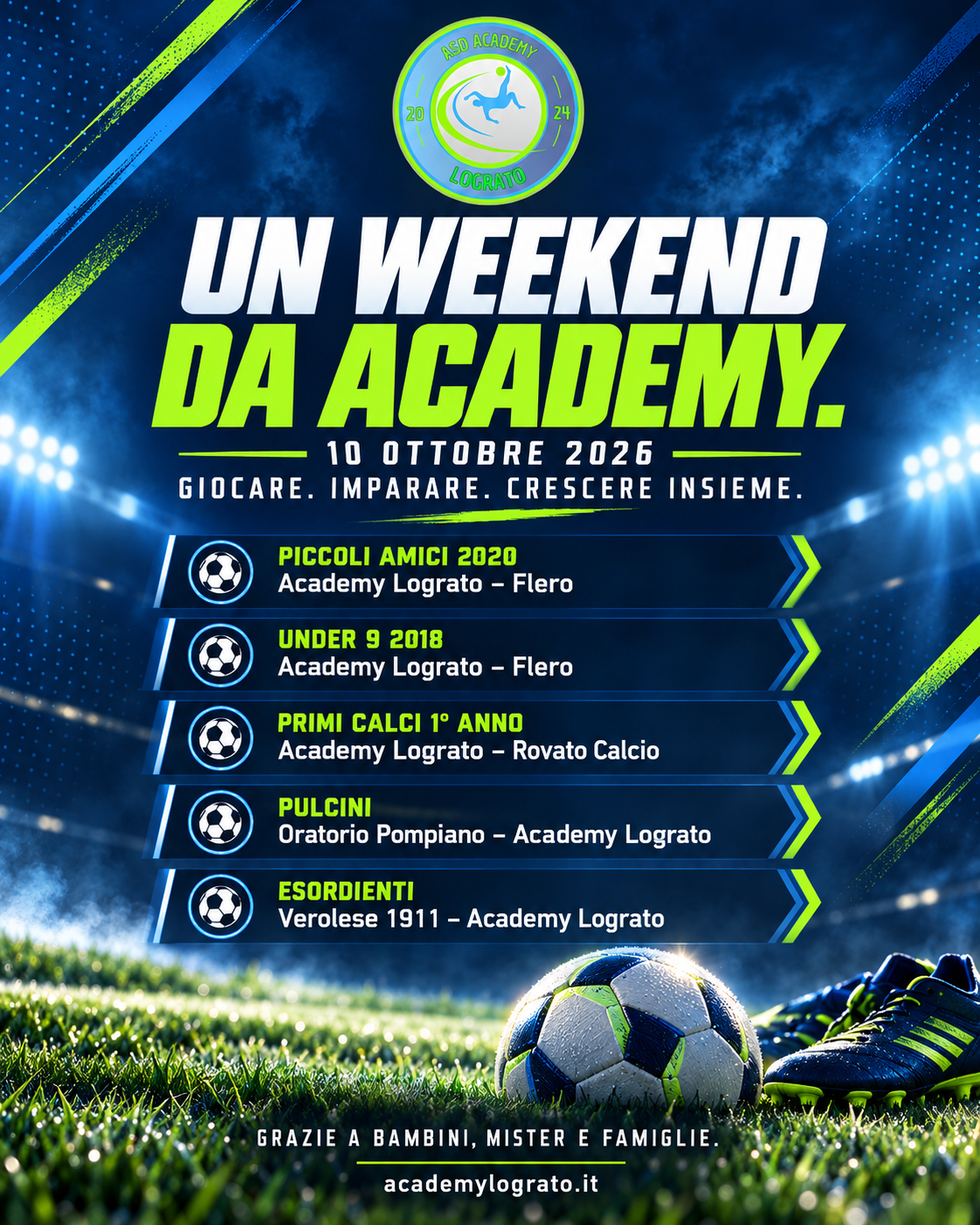 Grafica Academy del 10 ottobre 2026: Piccoli Amici e Under 9 con il Flero, Primi Calci con il Rovato, Pulcini con Pompiano ed Esordienti con la Verolese.